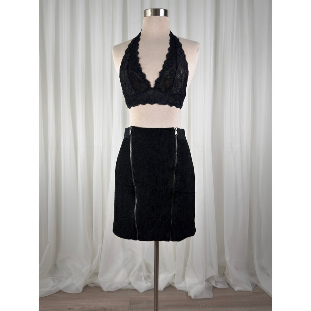 Ann Taylor Black Mini Skirt Office Siren Textured Moto‎ Zip Front Petite 0P